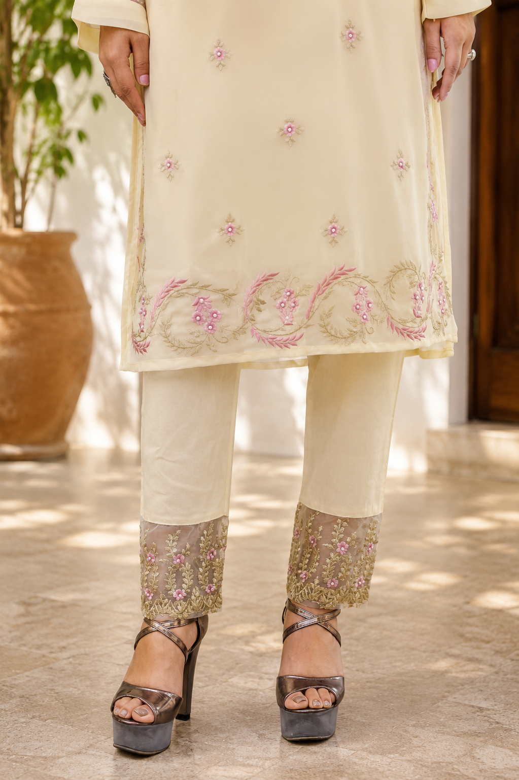 Cream Floral Embroidered Suit with Printed Dupatta