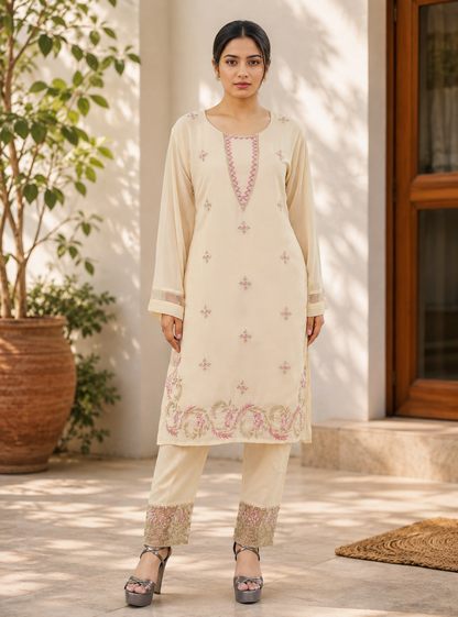 Cream Floral Embroidered Suit with Printed Dupatta