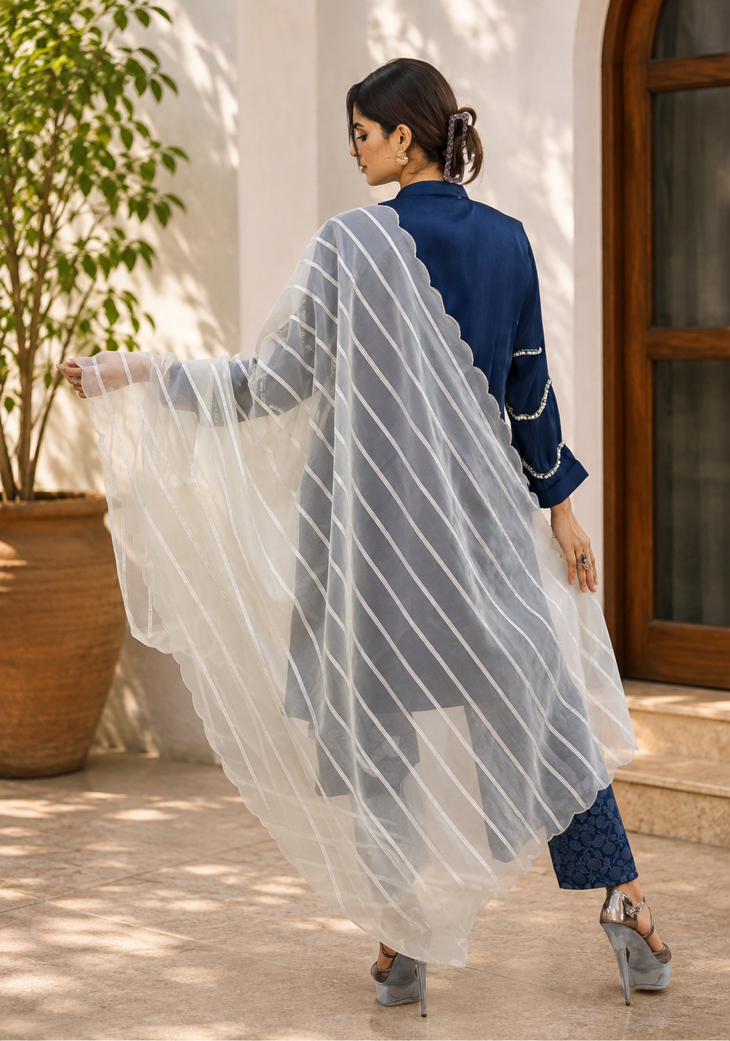 Midnight Blue Satin Suit with Pearl Beaded Dupatta