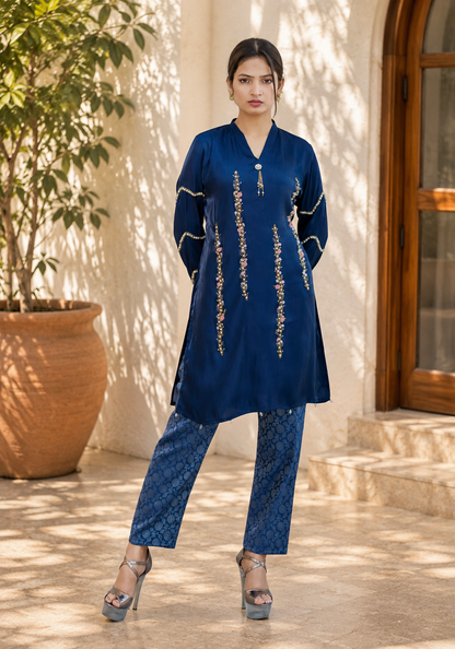 Midnight Blue Satin Suit with Pearl Beaded Dupatta