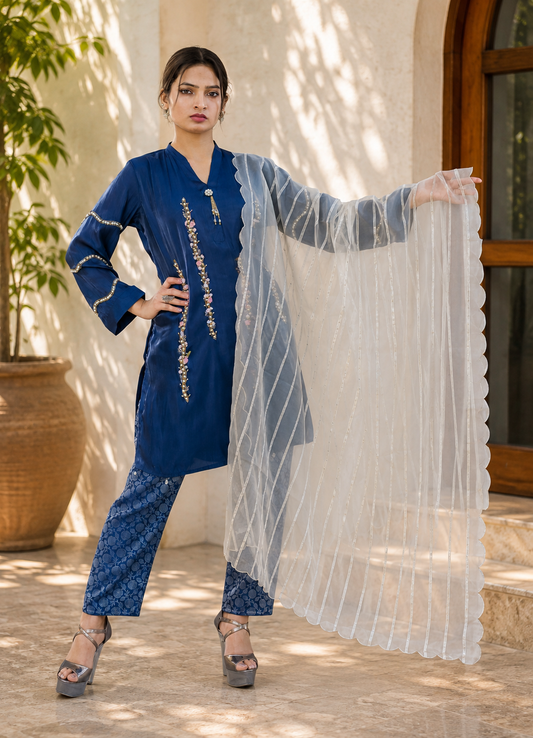 Midnight Blue Satin Suit with Pearl Beaded Dupatta