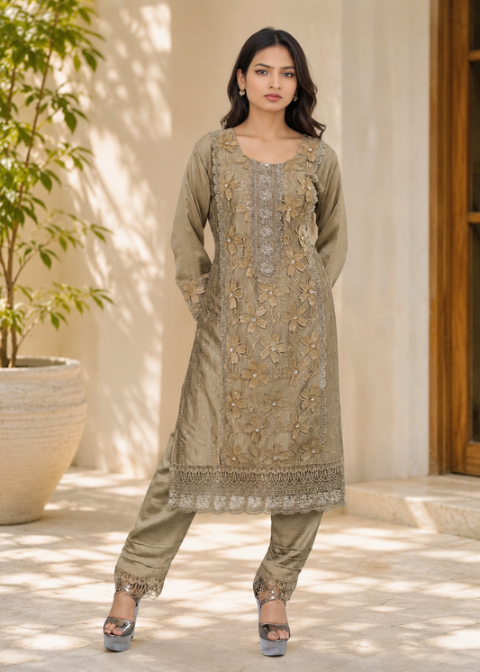 Olive Tonal Floral Cutwork Pakistani Suit