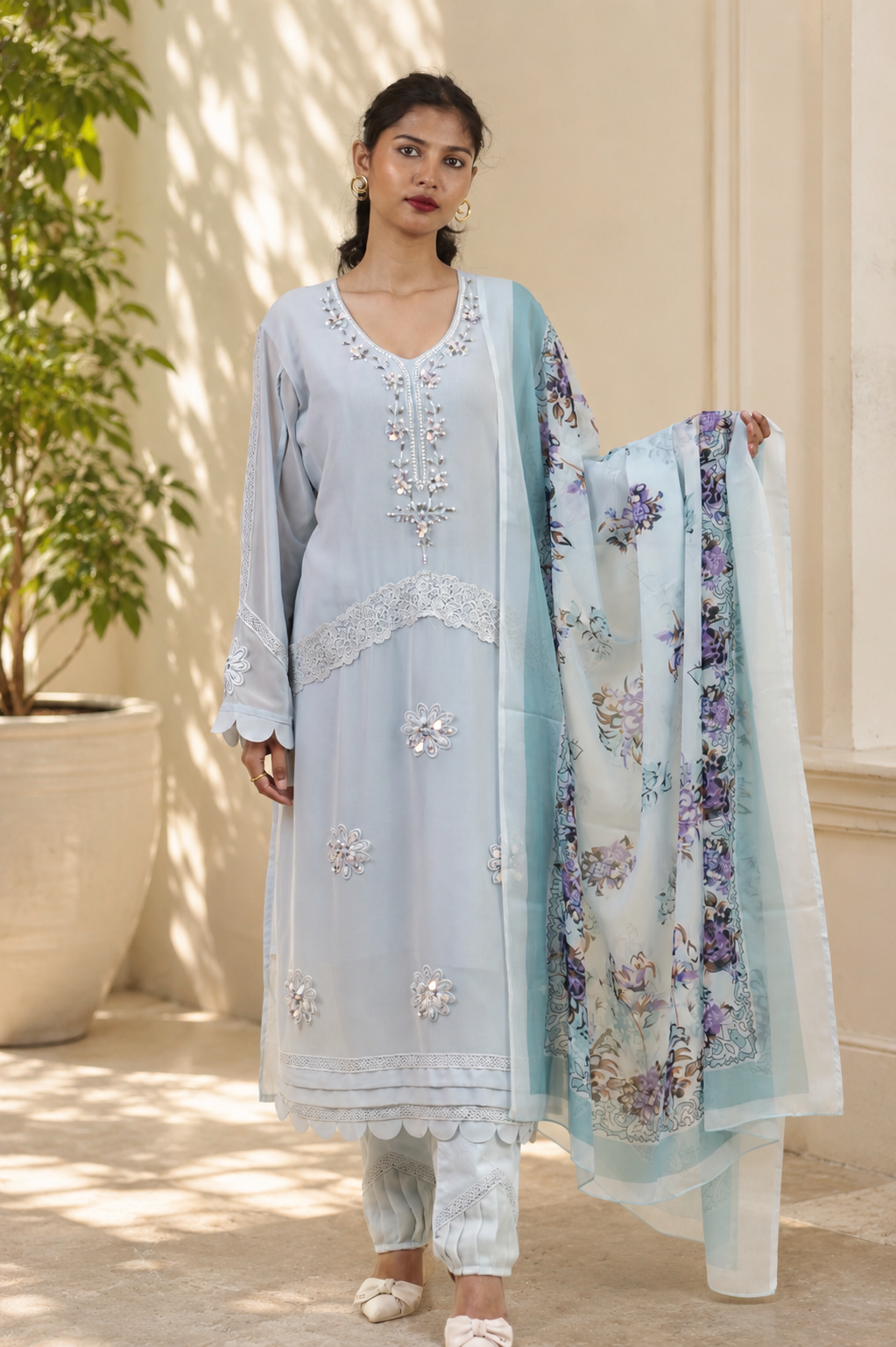 Embroidered Suit with Floral Print Dupatta