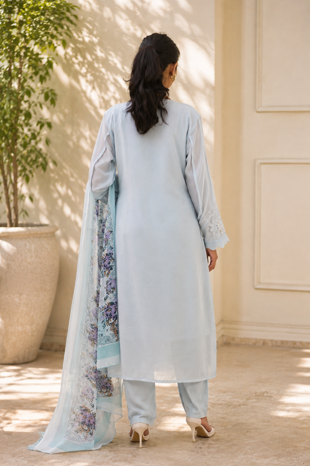 Embroidered Suit with Floral Print Dupatta