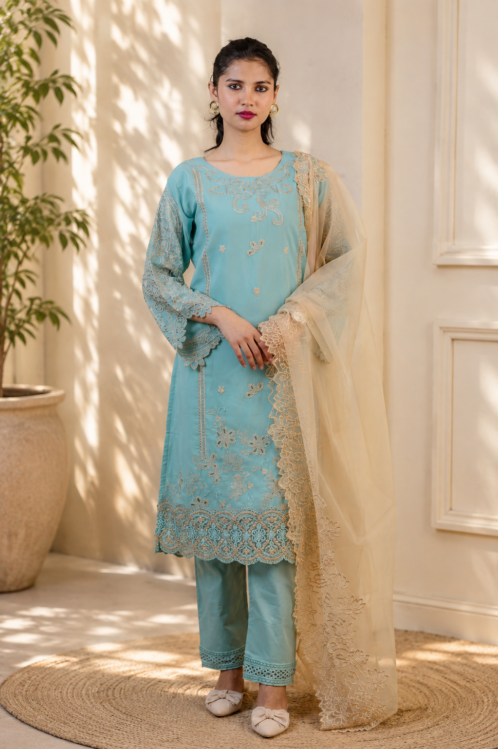 Turquoise Ornate Embroidered Pakistani Suit