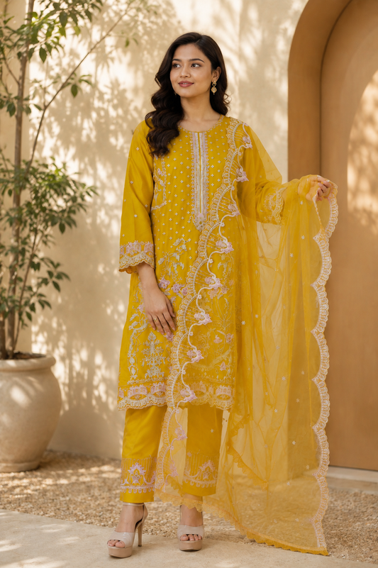 Mustard Floral Embroidered Pakistani Suit