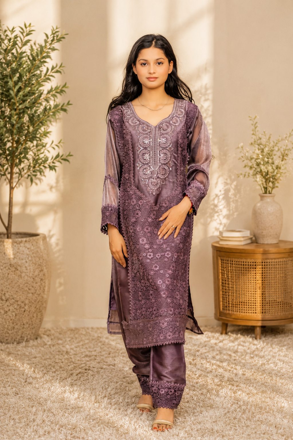 Mauve Cutwork Lace Embroidered Suit