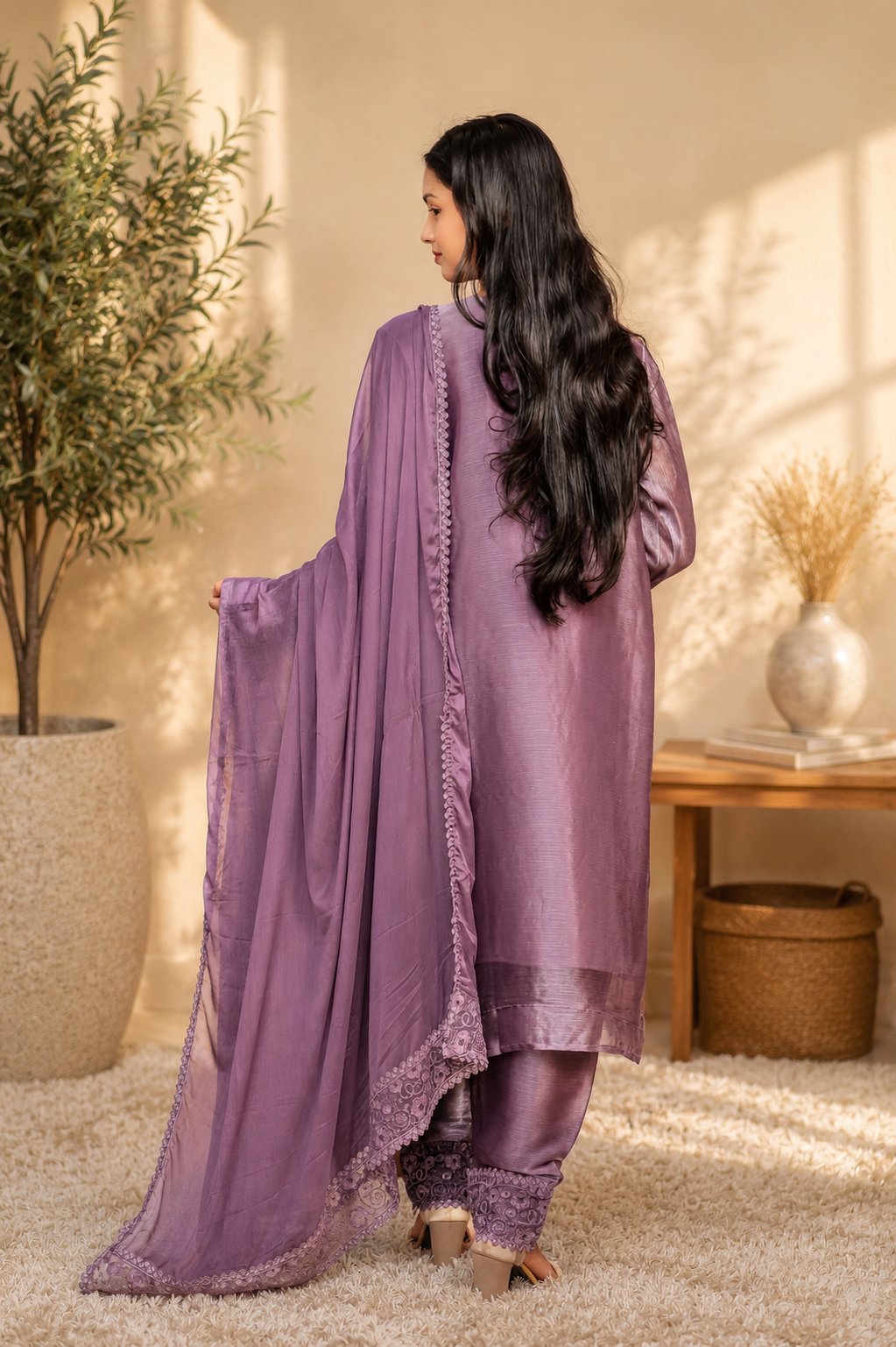 Mauve Cutwork Lace Embroidered Suit