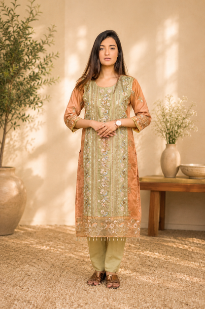 Terracotta & Sage Colorblock Embroidered Suit