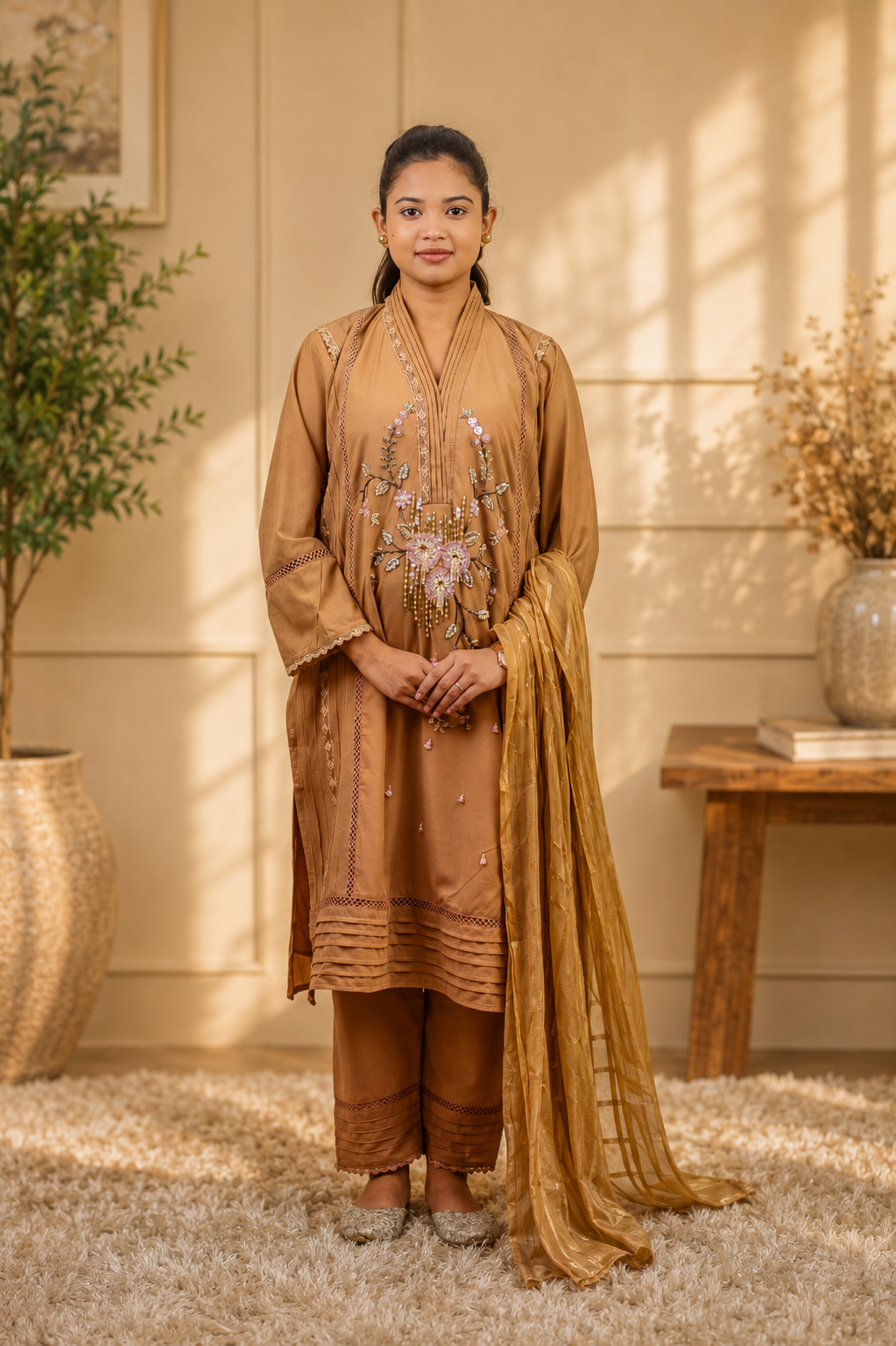 Caramel Pastel Floral Beaded Suit