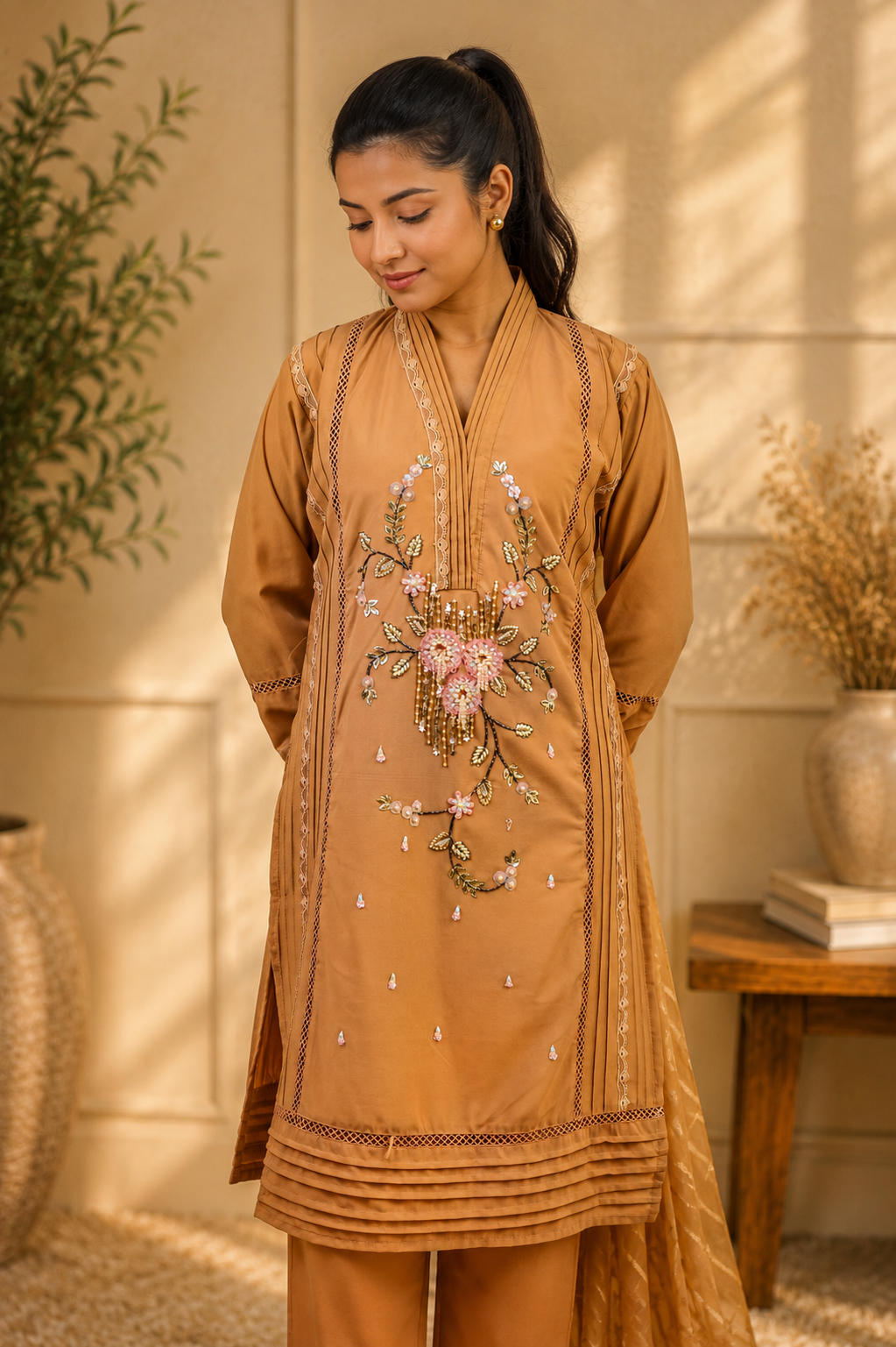 Caramel Pastel Floral Beaded Suit