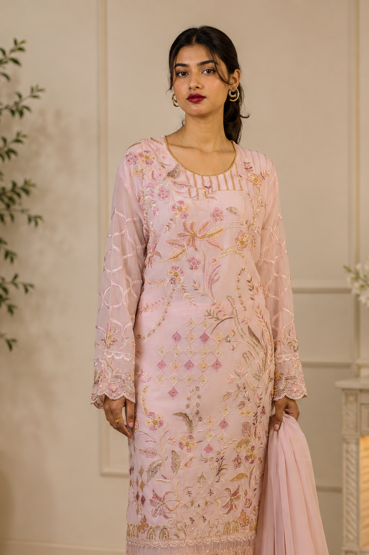 Stylish Diamond Lattice Floral Embroidered Pakistani Suit