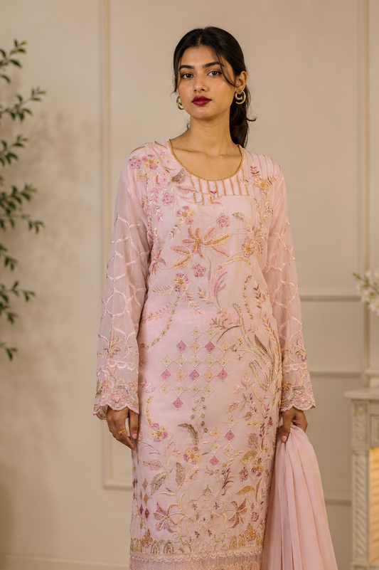 Stylish Diamond Lattice Floral Embroidered Pakistani Suit