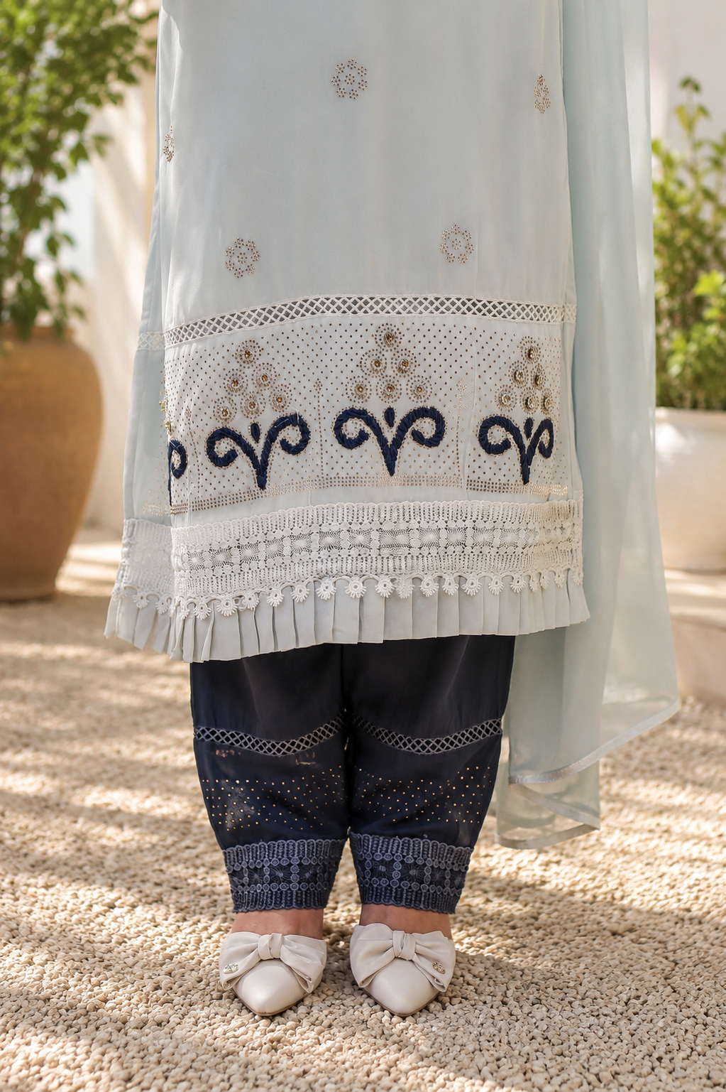 Grey Eyelet Cutwork Pakistani Suit