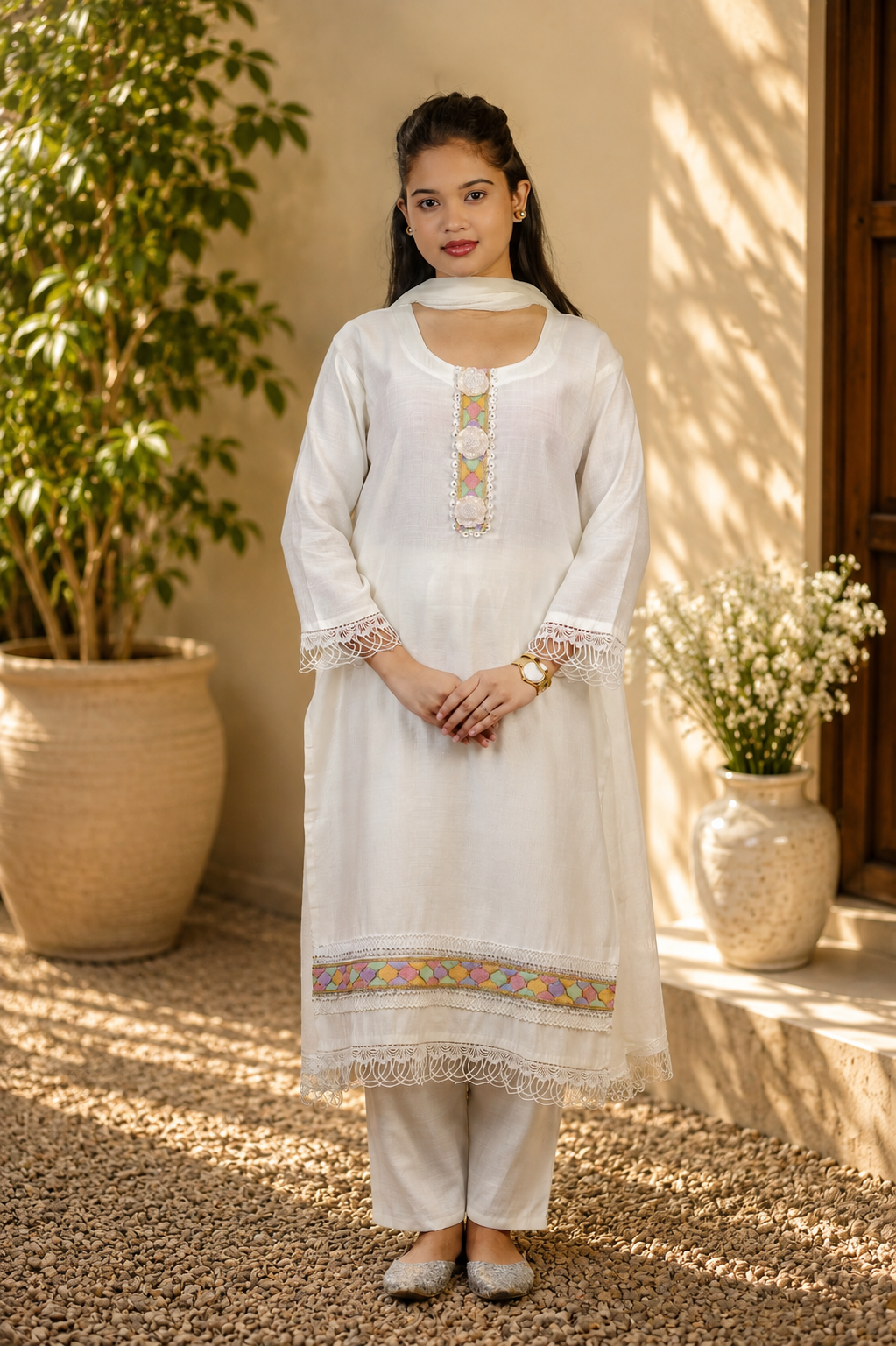 Zahra-E-Noor - Ivory Patchwork Suit with Crochet Lace