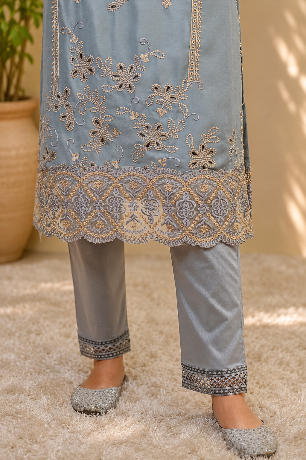 Zahra-E-Noor - Grey Pakistani with Golden Swirl Embroidery
