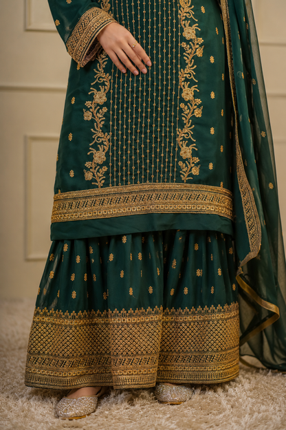 Noor-e-Mehfil - Green & Gold Threadwork Sharara Suit