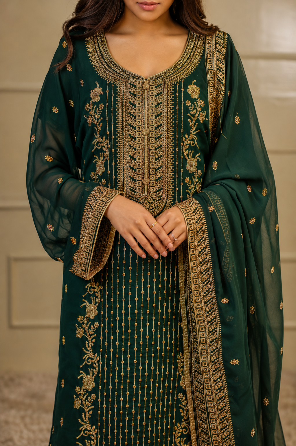 Noor-e-Mehfil - Green & Gold Threadwork Sharara Suit