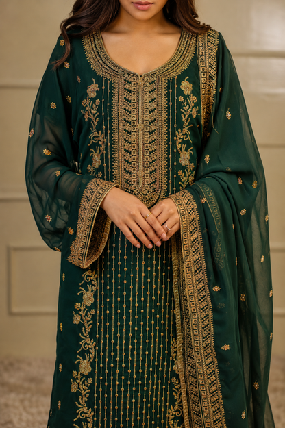 Noor-e-Mehfil - Green & Gold Threadwork Sharara Suit