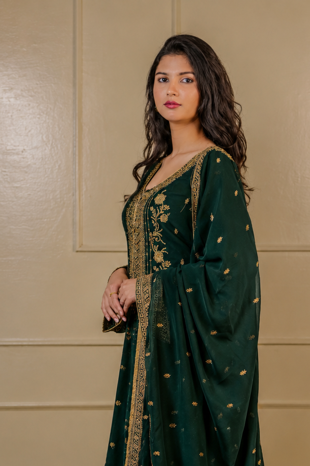 Noor-e-Mehfil - Green & Gold Threadwork Sharara Suit