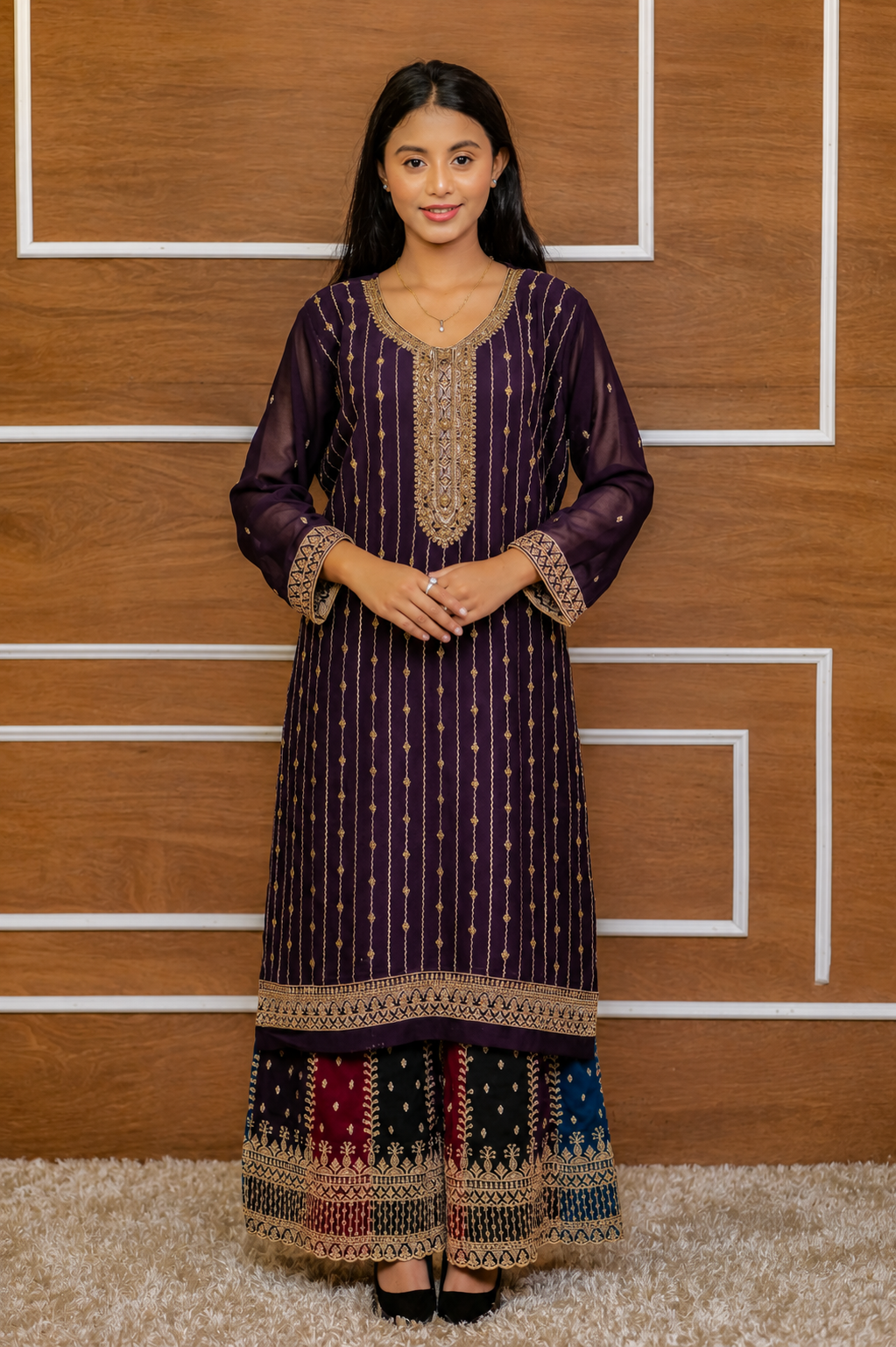 Noor-e-Mehfil -  Gold Striped Suit with Sharara