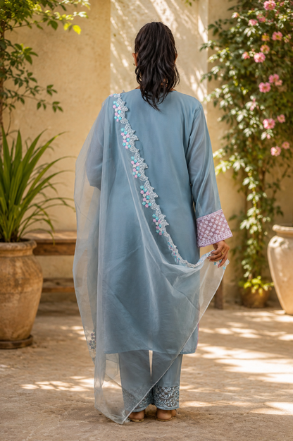 Zahra-E-Noor - Powder Blue Pakistani Suit with Pink Embrodiery