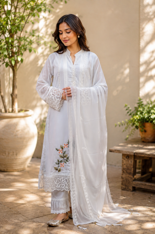 Zahra-E-Noor - White Mandarin Collar Pakistani Suit