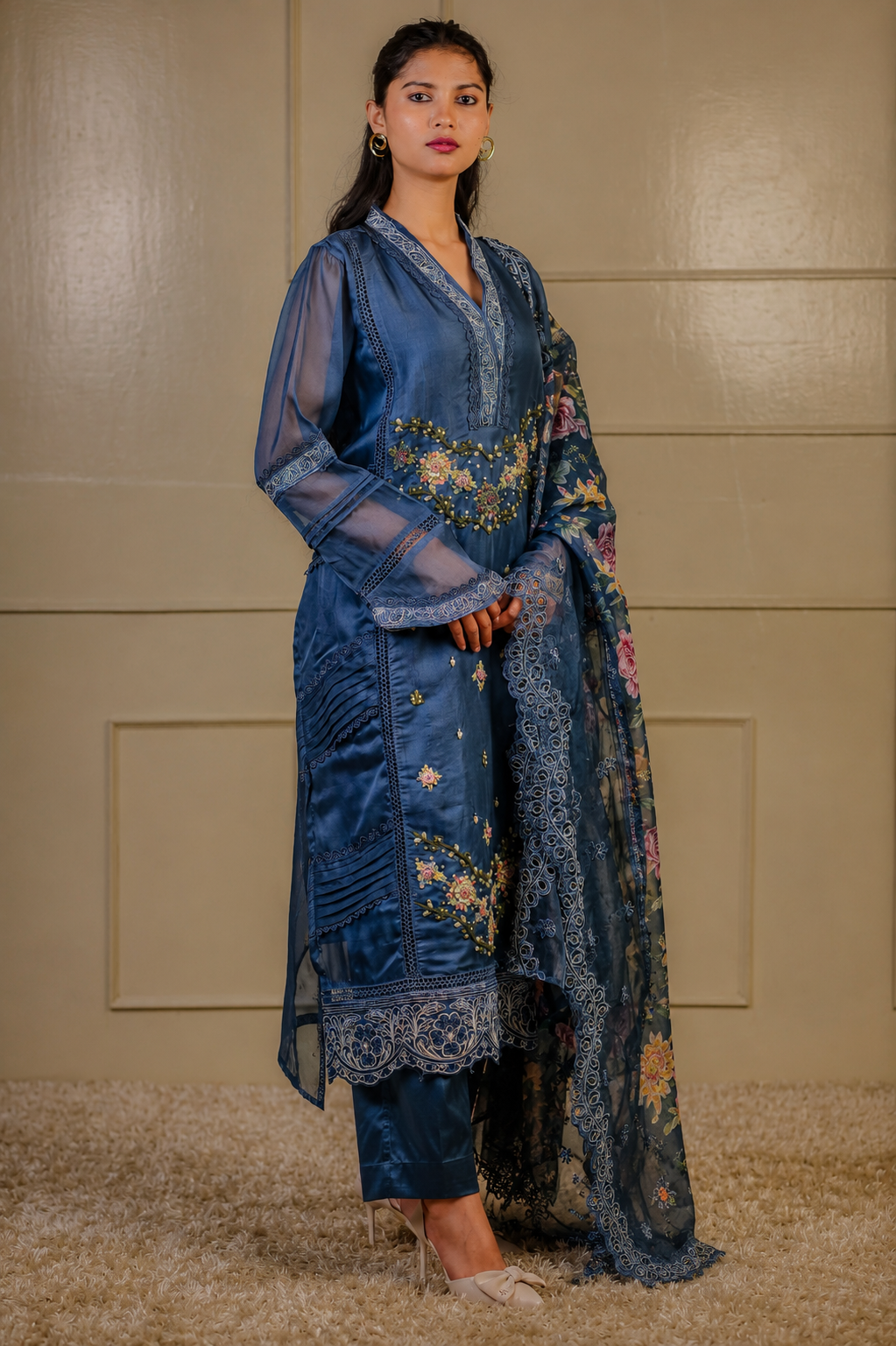 Zahra-E-Noor - Floral Bead Embroidered Suit with Print Dupatta