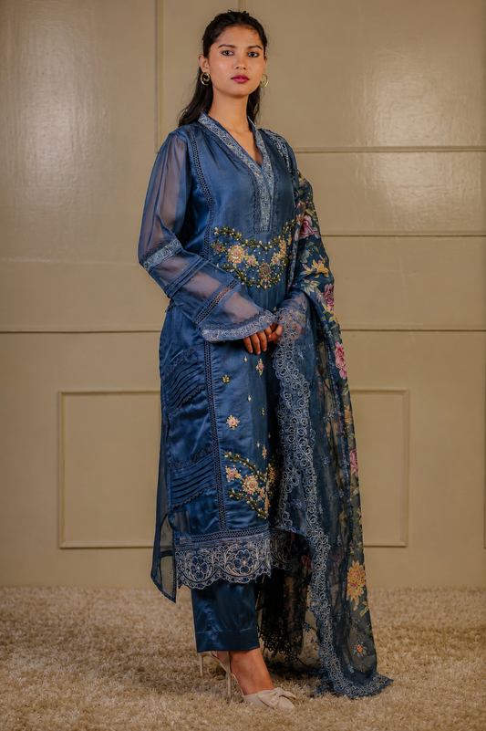 Zahra-E-Noor - Floral Bead Embroidered Suit with Print Dupatta