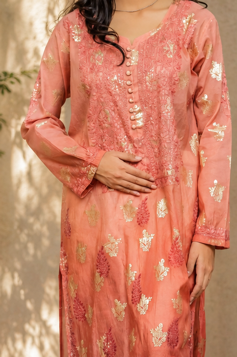 Zahra-E-Noor - Peach Gold Foil Ombre Pakistani Suit