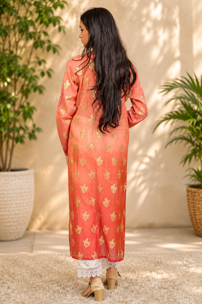 Zahra-E-Noor - Peach Gold Foil Ombre Pakistani Suit
