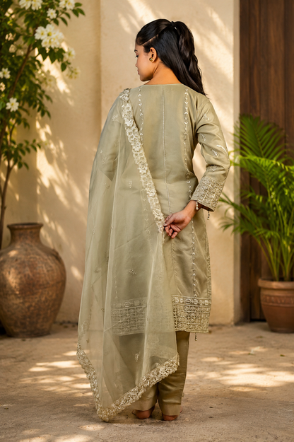 Zahra-E-Noor - Beige Floral Vine Embroidered Suit