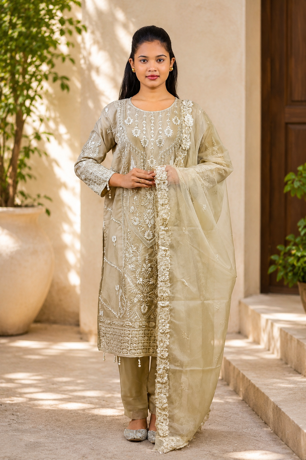 Zahra-E-Noor - Beige Floral Vine Embroidered Suit