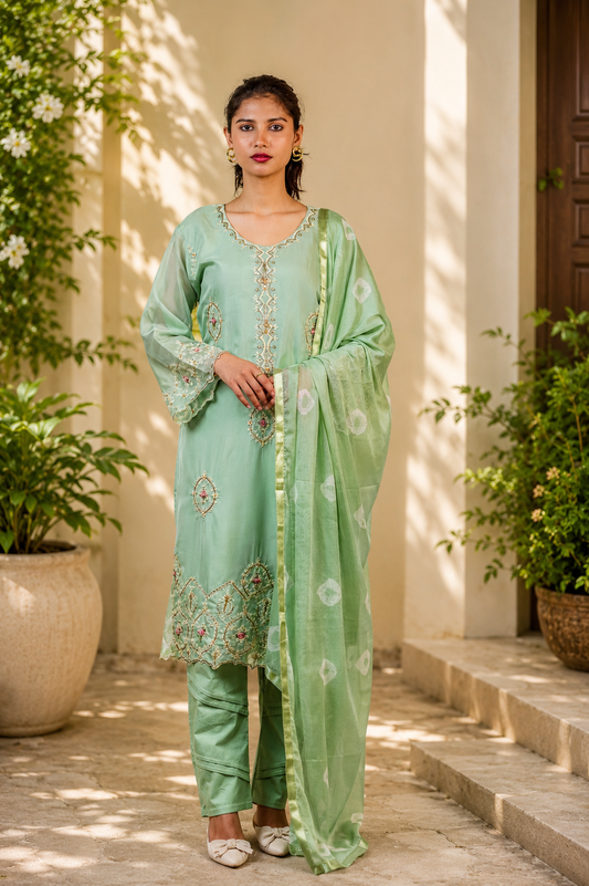 Zahra-E-Noor - Sage Green All Over Medallion Pakistani Suit