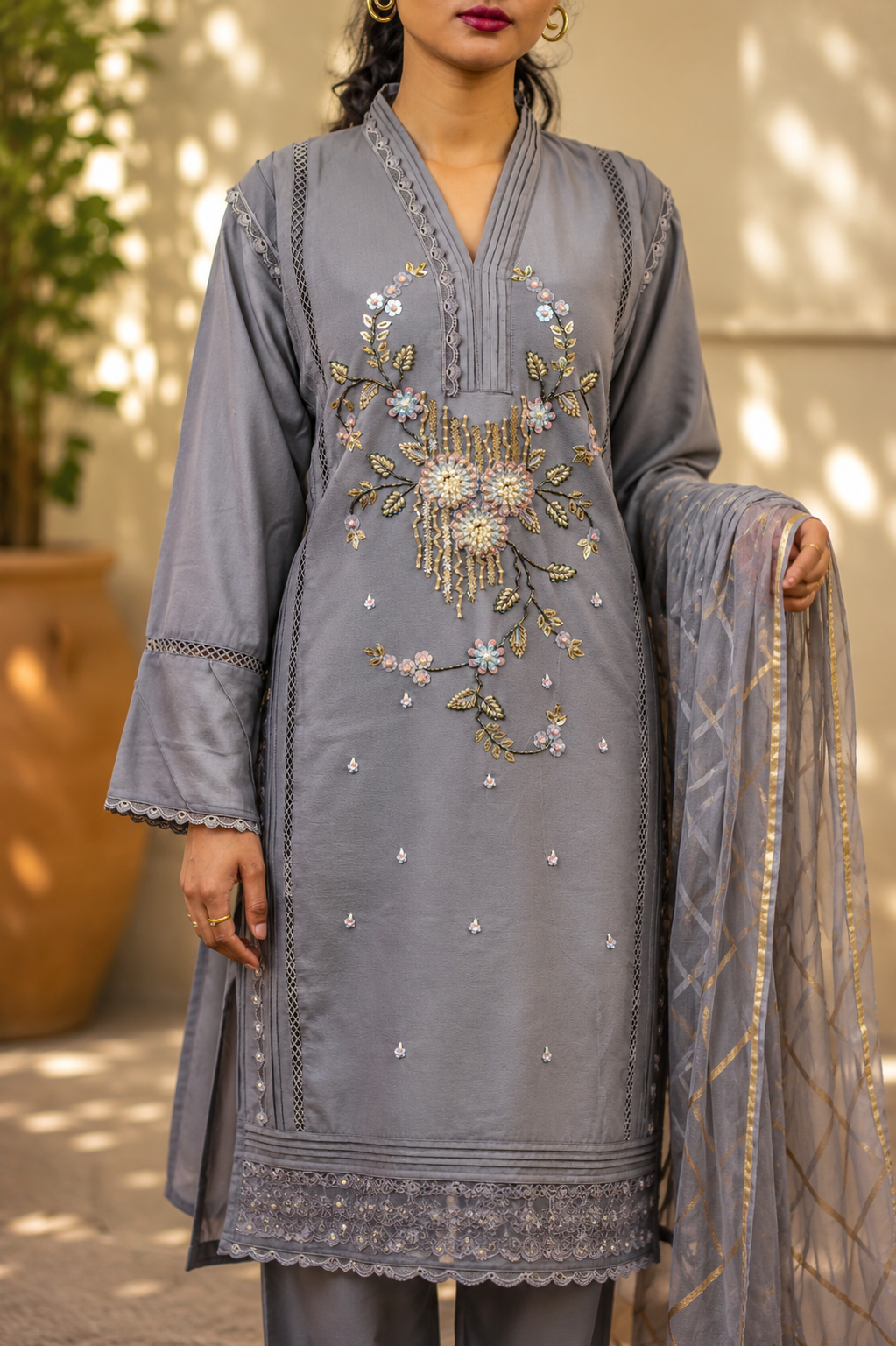 Zahra-E-Noor - Grey All Over Beaded Embroidered Suit