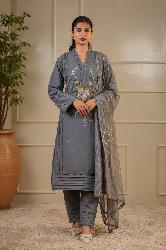 Zahra-E-Noor - Grey All Over Beaded Embroidered Suit