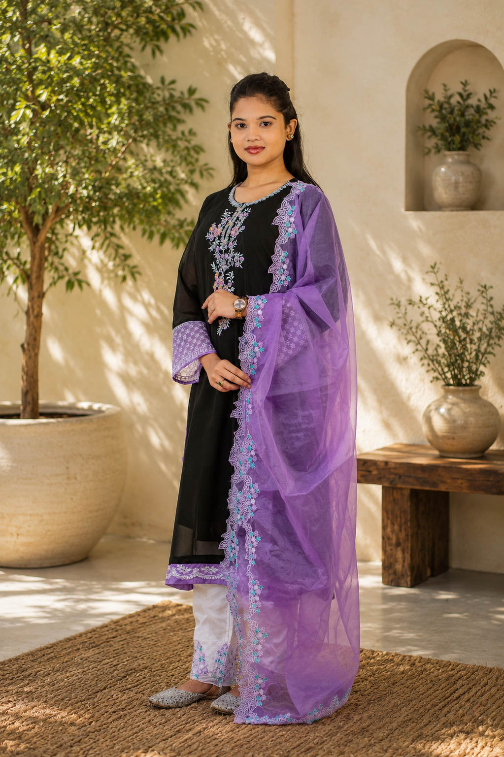 Zahra-E-Noor - Pastedl Floral Embroidery Suit with Net Dupatta