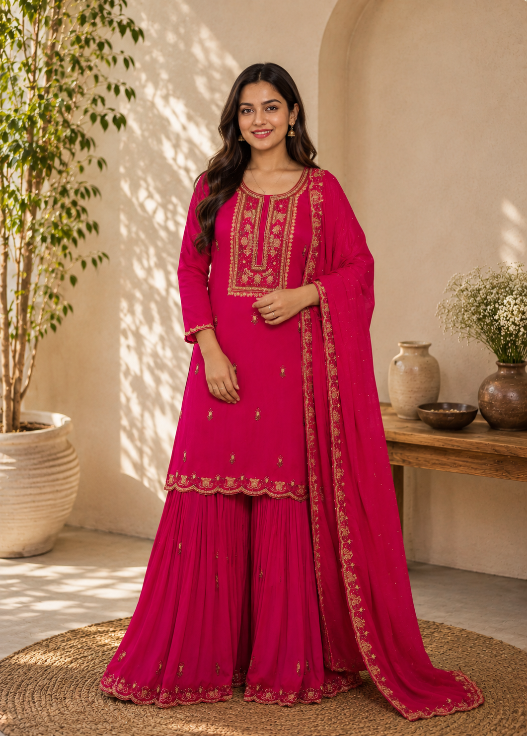 Noor-e-Mehfil - Fuchsia Pink Embroidered Sharara Suit