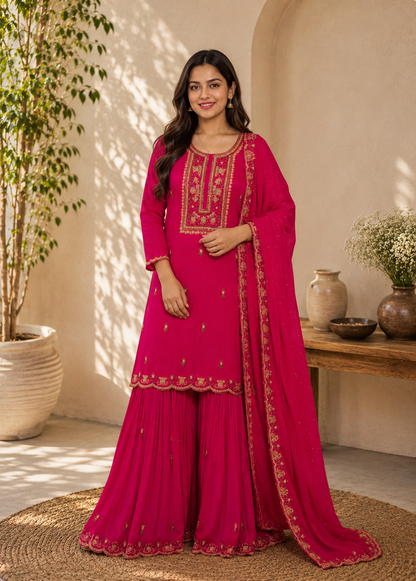 Noor-e-Mehfil - Fuchsia Pink Embroidered Sharara Suit