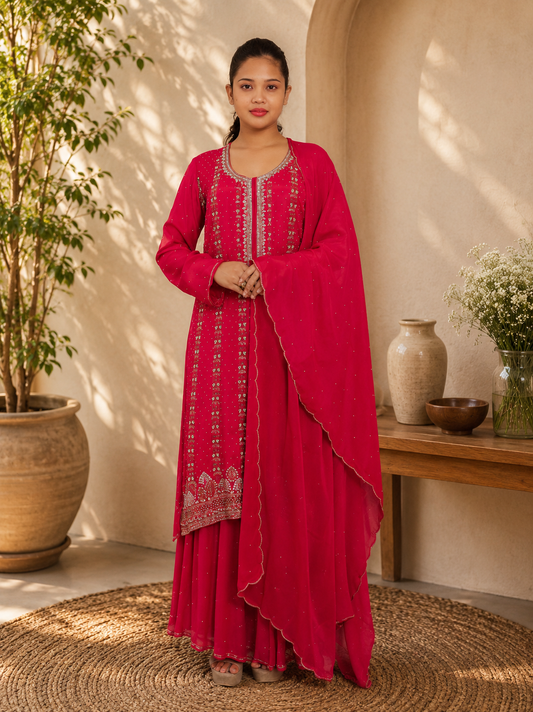 Noor-e-Mehfil - Gold - Pink Embroidered Kurta Sharara Suit