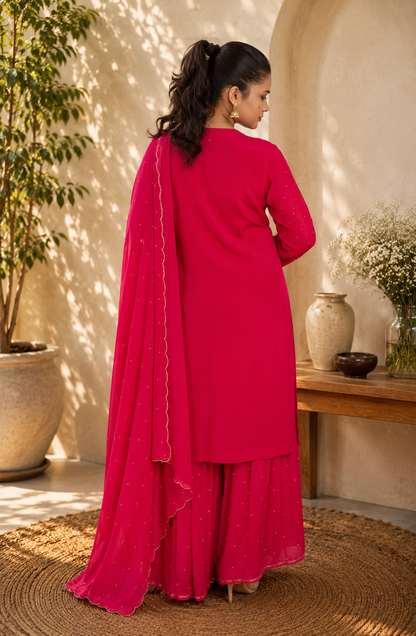 Noor-e-Mehfil - Gold - Pink Embroidered Kurta Sharara Suit