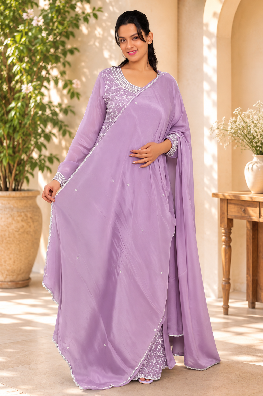 Noor-e-Mehfil - Satin Swirl Embroidered Sharara Suit