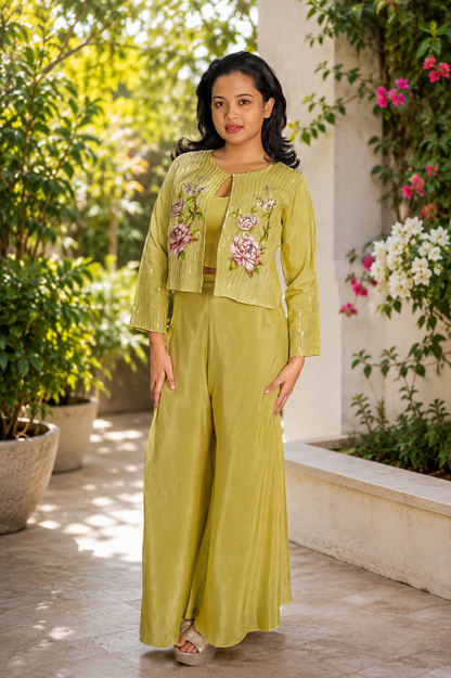 Meher-e-Noor - Olive Satin Jacket Co-ord