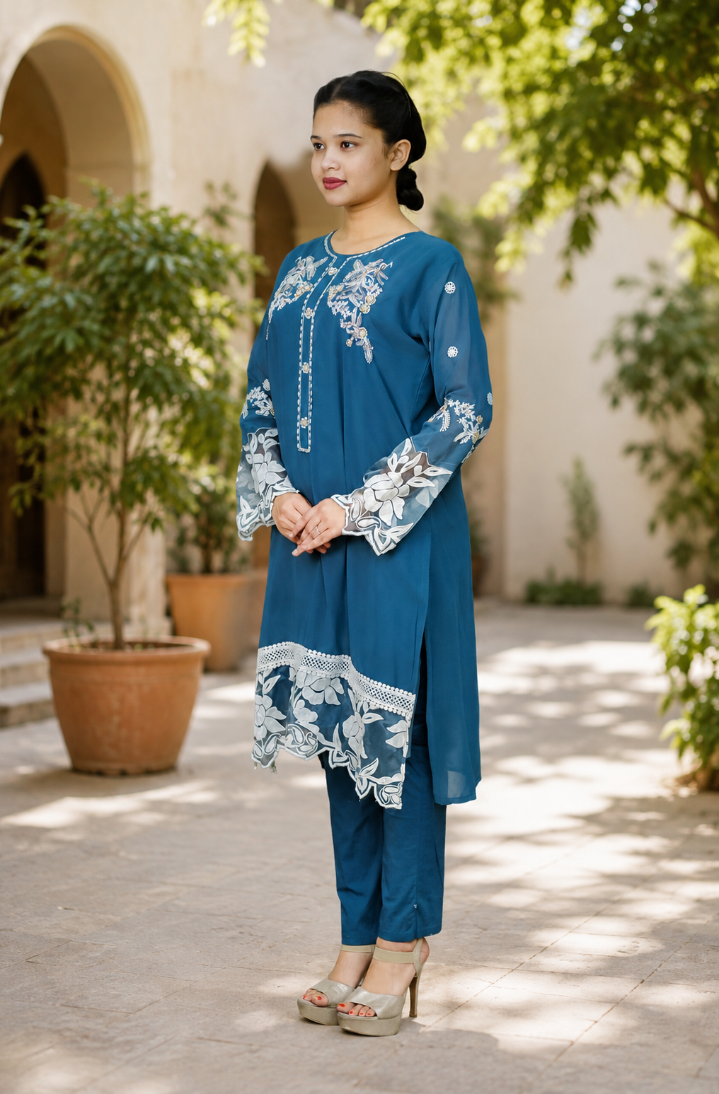 Zahra-E-Noor - Teal Pakistani Suit with White Embroidery