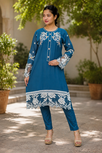 Zahra-E-Noor - Teal Pakistani Suit with White Embroidery