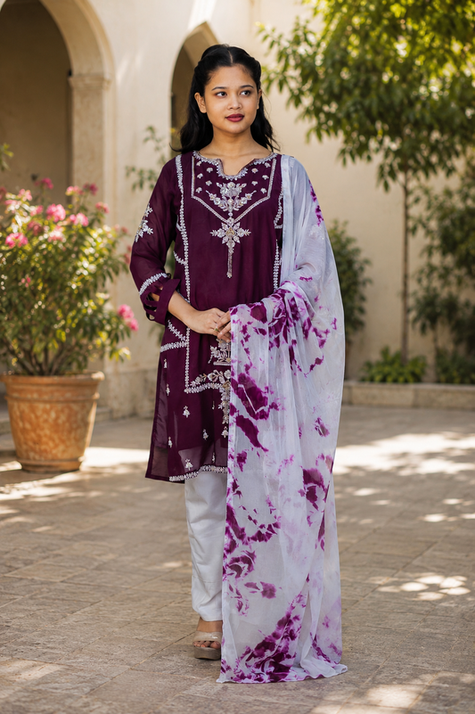 Zahra-E-Noor - Wine Pearl Embroidered Suit with Tie-n-Diy Dupatta