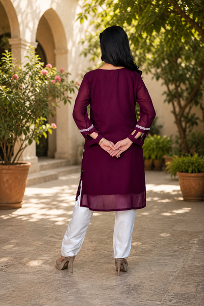 Zahra-E-Noor - Wine Pearl Embroidered Suit with Tie-n-Diy Dupatta
