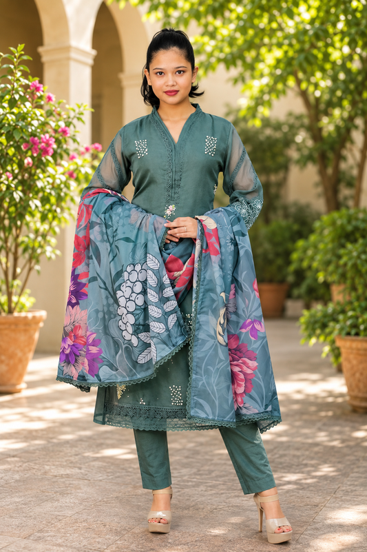 Zahra-E-Noor - Green Embroidered Suit with Flower Print Dupatta