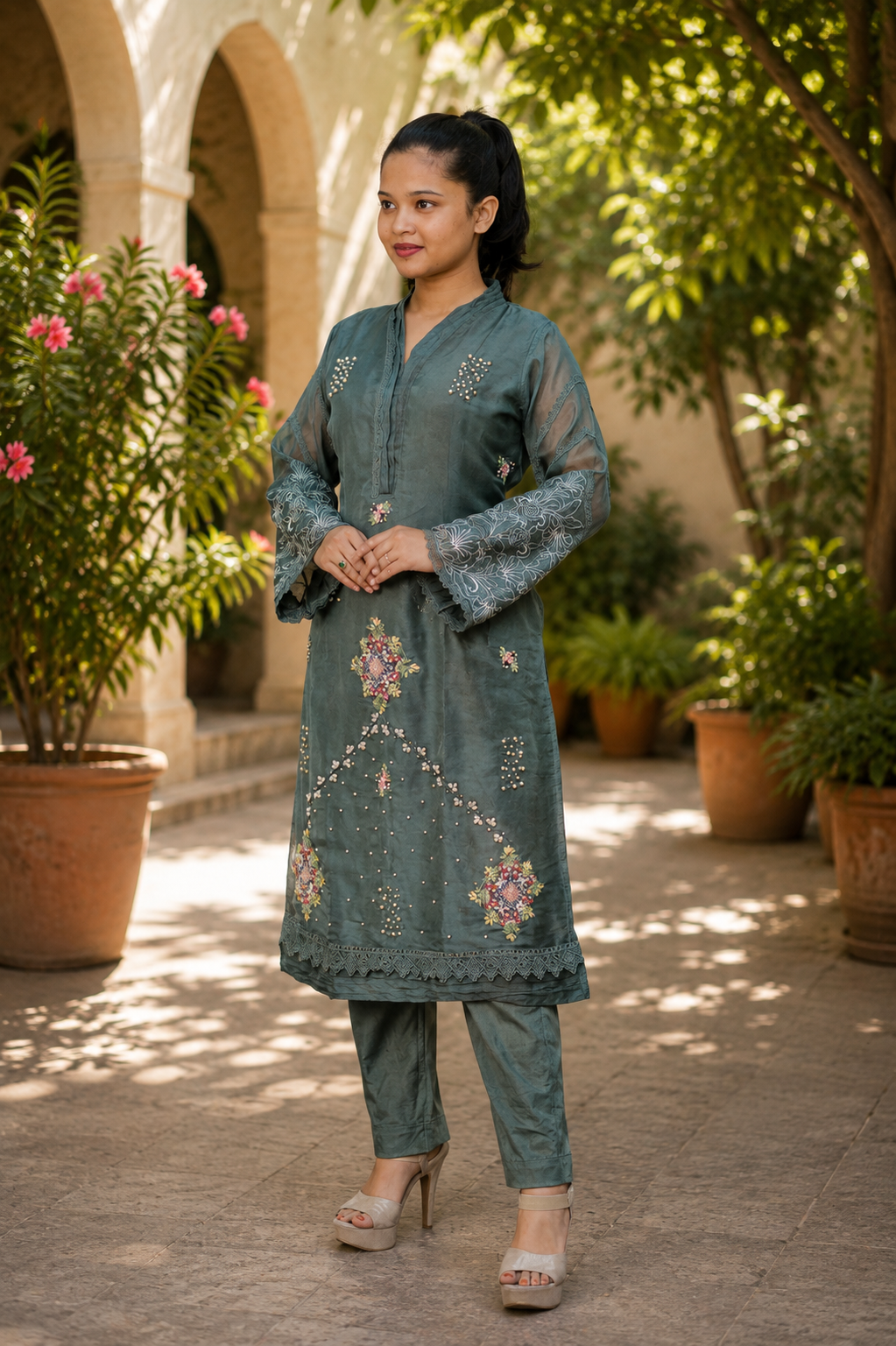Zahra-E-Noor - Green Embroidered Suit with Flower Print Dupatta