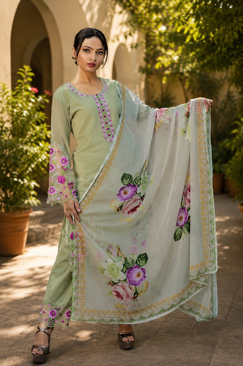 Zahra-E-Noor - Olive Rose Embroidered Suit Set